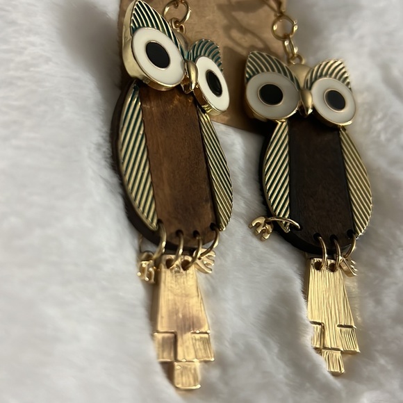 Owl wooden gold and teal handmade earrings, 18k gold plated leverback earrings - Picture 5 of 9